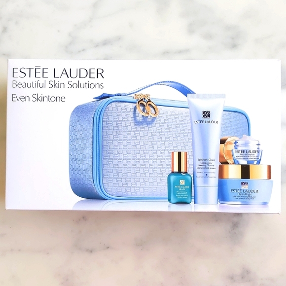 NWT.Estee Lauder Blue Logo Design Cosmetic Bag w/Gold Zip Handles/Plastic Handle - Picture 4 of 4
